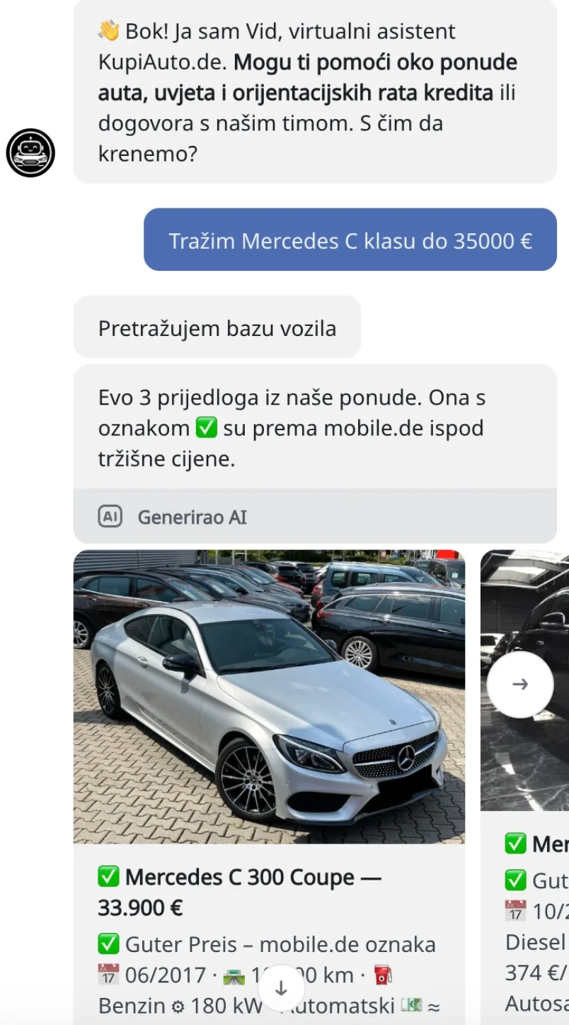 AI asistent na webshopu vodi razgovor s kupcem i predlaže tri vozila prema njegovom upitu