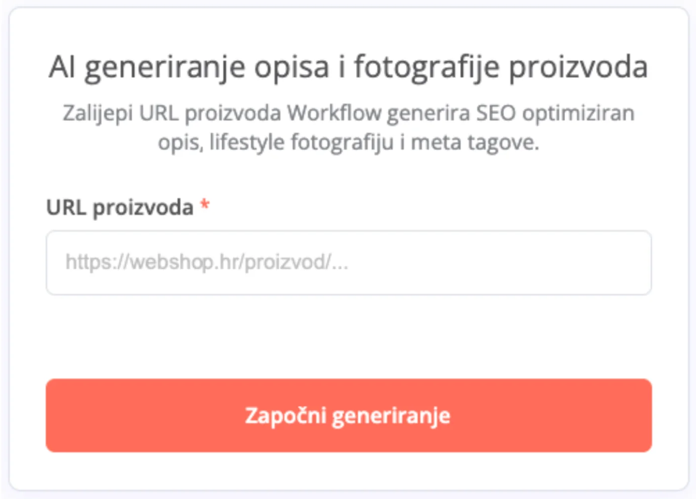 Forma u koju se zalijepi URL proizvoda i pokrene generiranje opisa
